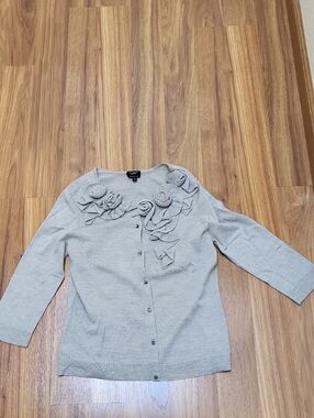 Talbots Light Gray Floral Applique Cardigan